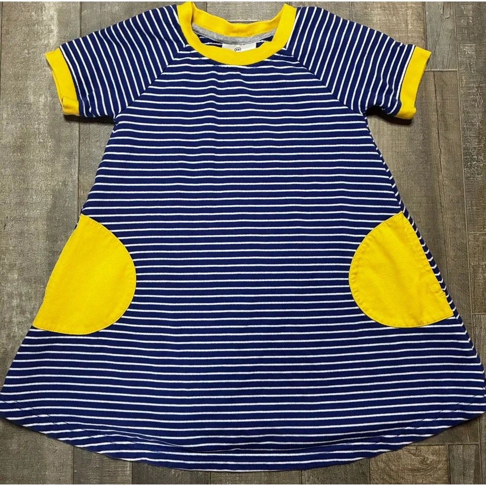 Hanna Andersson Girls Striped Pocket Play Dress Size 100 3T 4T Blue Yellow